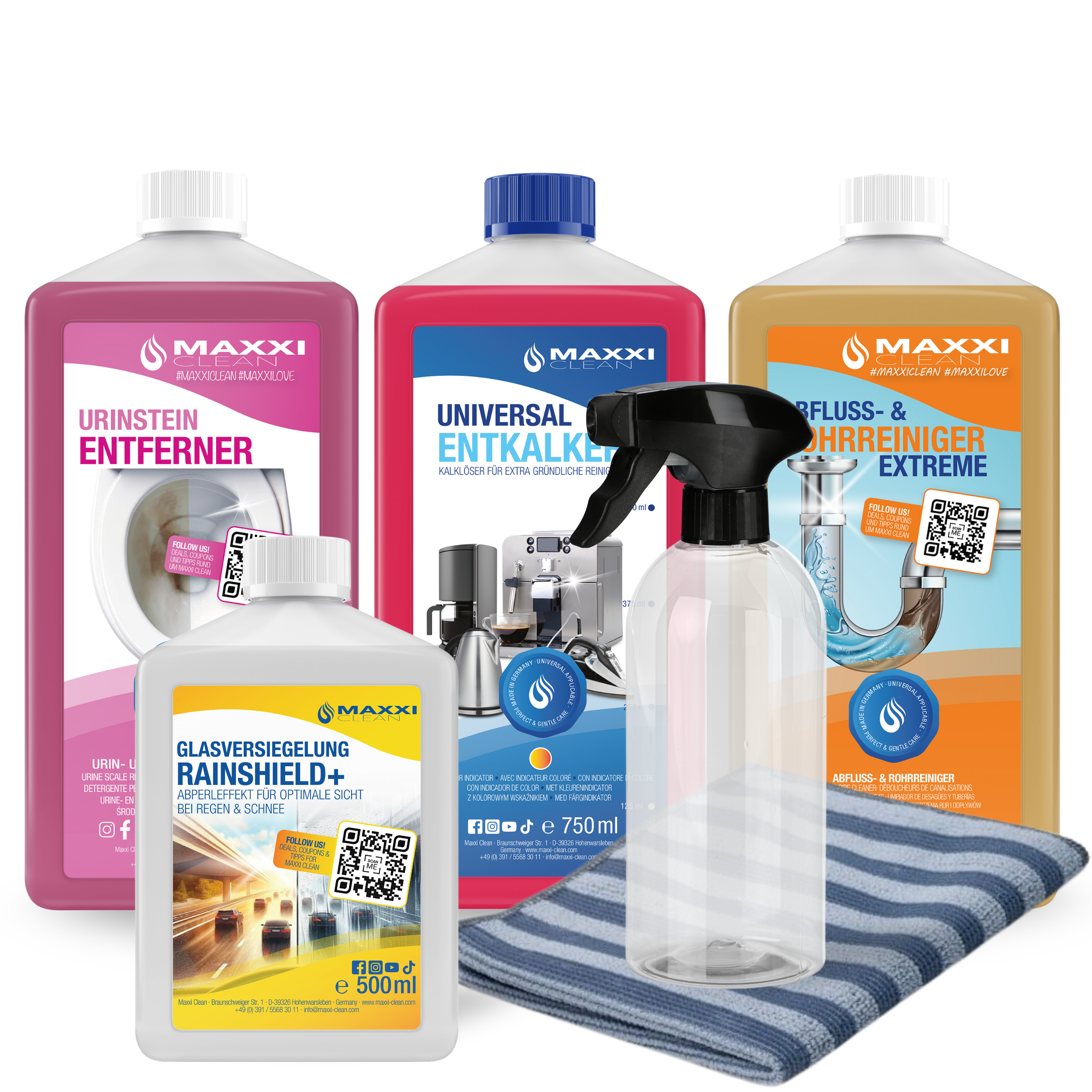 Komplett Set für Bäder von Maxxi Clean, bestehend aus extra starken Unrinsteinentferner, Universal Power Entkalker, Abfluss- und Rohrreiniger gegen Haare und Verstopfungen, Profi Glasversiegelung die das Wasser abperlen lässt. Als Bonus 2 seitiges High Tech Mikrofasertuch für Armaturen und Spiegel, Mischflasche zur Dosierung von Entkalker